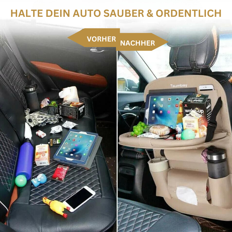 Car seat back organizer with foldable table tray 